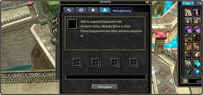The Alchemy window, Strengthening tab: the empty slots for the equipment and the alchemy materials