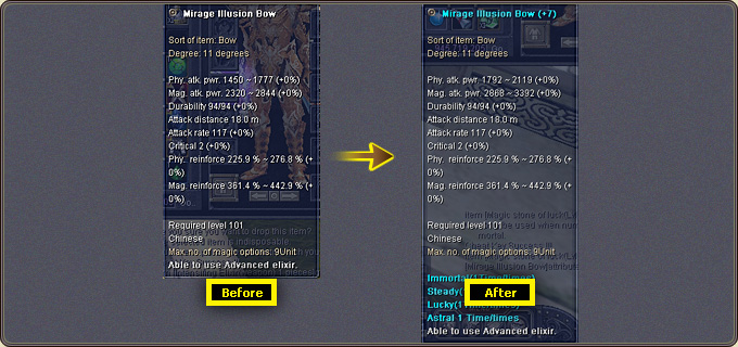 Before and after: an 11th degree bow taken to +7 gains attack power, and the remaining uses of the Immortal, Steady, Lucky and Astral properties are shown at the bottom