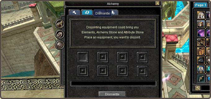 The Dismantle tab: “disjointing equipment could bring you Elements, Alchemy Stone and Attribute Stone”