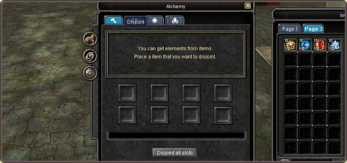 The Disjoint tab: “you can get elements from items” — Disjoint all slots processes every slot at once