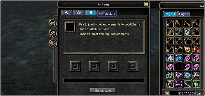 The Manufacture tab: “able to joint tablet and elements to get Alchemy Stone or Attribute Stone”