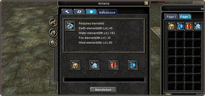 The required elements are listed on the tablet — e.g. 8th level Earth 45, Water 182, Fire 20, Wind 80