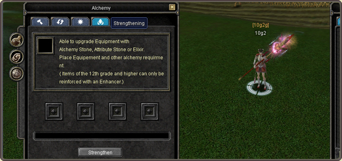 The Alchemy window, also showing the note that items of the 12th grade and higher can only be reinforced with an Enhancer