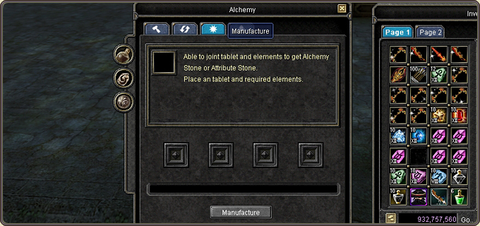 The Manufacture tab: the tablet and the required elements are placed