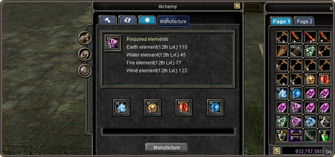 The required element amounts — e.g. 12th level Earth 110, Water 45, Fire 77, Wind 122