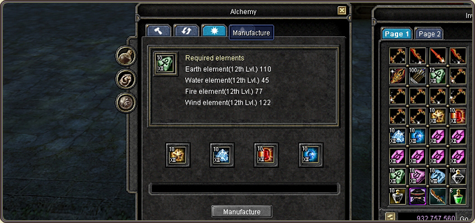 The required elements are listed on the tablet — e.g. 12th level Earth 110, Water 45, Fire 77, Wind 122