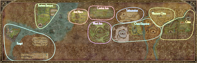The official world map: Eastern Europe, Asia Minor, West Asia, Central Asia, Taklamakan, Oasis Kingdom, Western China, China and Egypt