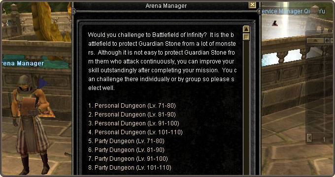 The Arena Manager window: the eight dungeon options — personal and party dungeons, from Lv. 71-80 to Lv. 101-110