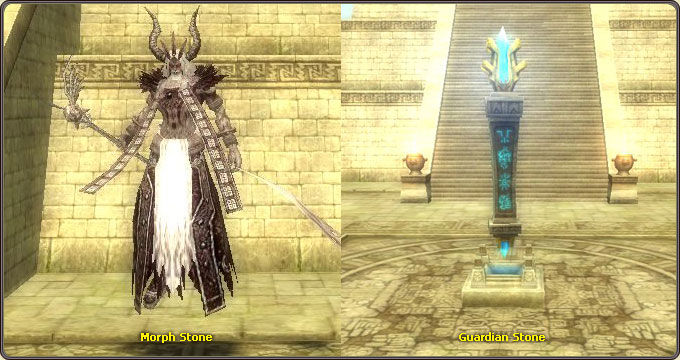 The two stones in the dungeon: the Morph Stone where you pick your transformation, and the Guardian Stone you must protect