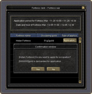 The fortress clerk window: the application period, the war's date and hour, the occupying guild; the application costs 5,000,000 gold