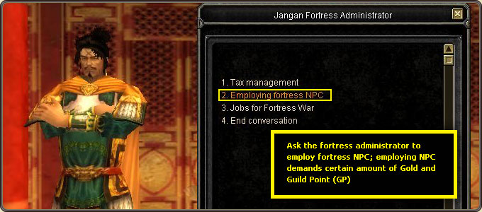 The fortress administrator dialogue: tax management, employing fortress NPCs and jobs for the war — employing an NPC demands a set amount of Gold and Guild Points (GP)