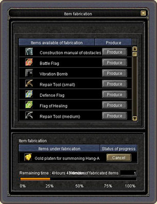 Item fabrication: the list of producible items, the item under fabrication, the remaining time and the progress bar