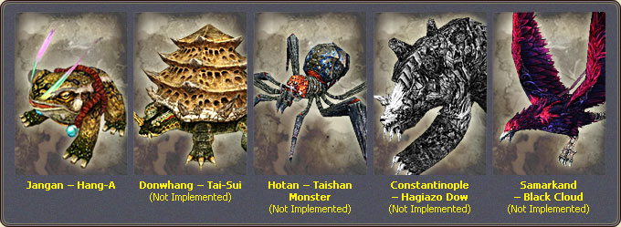 Monsters fabricated at the fortresses: Jangan — Hang-A, Donwhang — Tai-Sui, Hotan — Taishan Monster, Constantinople — Hagiazo Dow, Samarkand — Black Cloud
