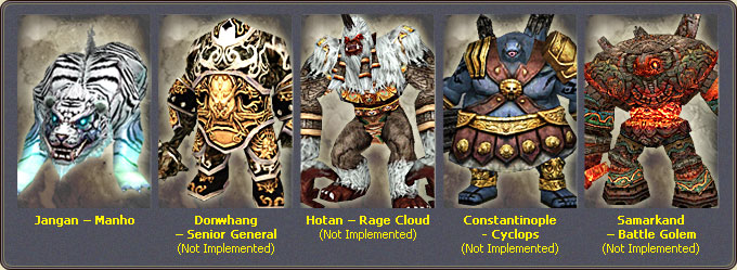 Monsters available for purchase in the cities: Jangan — Manho, Donwhang — Senior General, Hotan — Rage Cloud, Constantinople — Cyclops, Samarkand — Battle Golem
