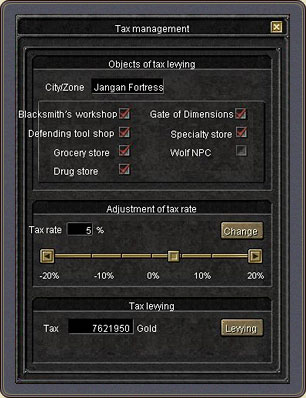 The Tax management window: the objects of tax levying, the -20% / +20% rate slider and the gold to be levied