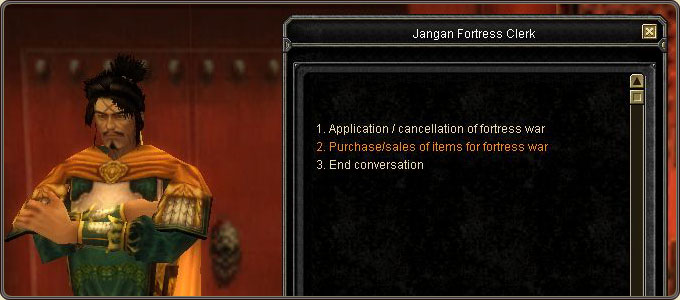 The fortress clerk dialogue: applying for or cancelling the war, and buying/selling war items
