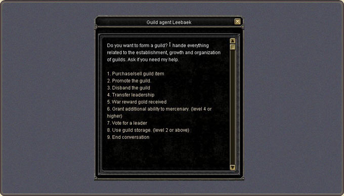 Guild — the Guild Agent Leebaek menu: item trade, promotion, disbanding, leadership transfer, elections and storage