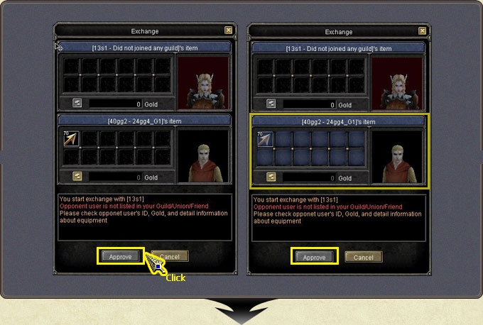 Item Exchange — both sides' Approve step and the unlisted-player warning