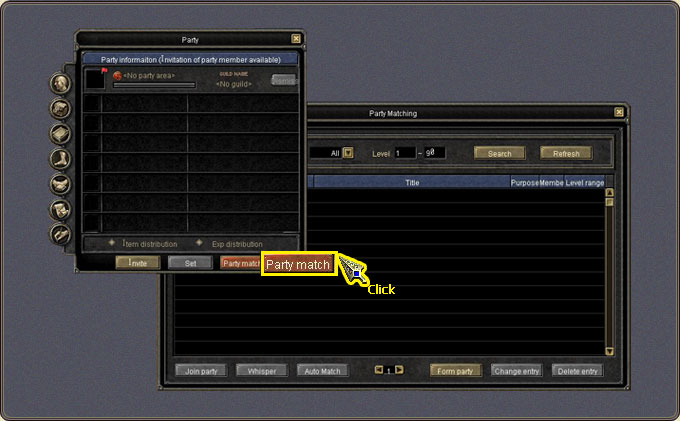 Party Matching — search fields, Auto Match and Join Party