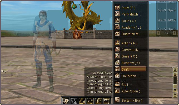 The game menu: the Craft line, grouped with Alchemy (Y) and Collection