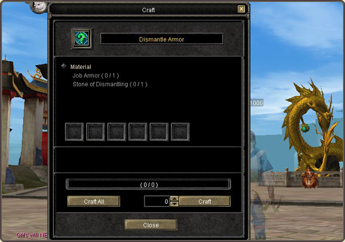 The production screen: material counters (0/1), material slots, the progress bar and the Craft All / Craft buttons