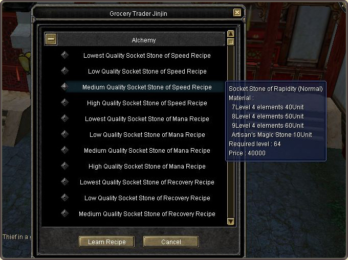 The Learn Recipe window: the quality-ordered recipe list and the tooltip showing the product, materials, required level and price