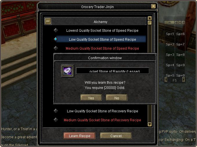 The confirmation window: “Will you learn this recipe?” — the gold cost with Yes / No