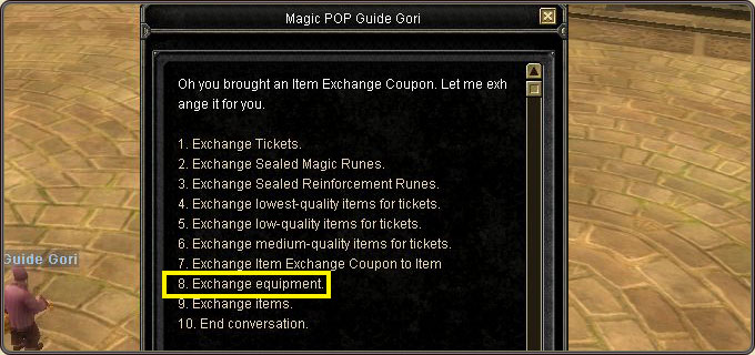 The Exchange Equipment option in the Magic POP Guide Gori menu