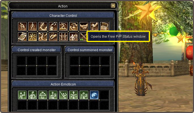 The Action window (Character Control): the button that opens the Free PvP Status window