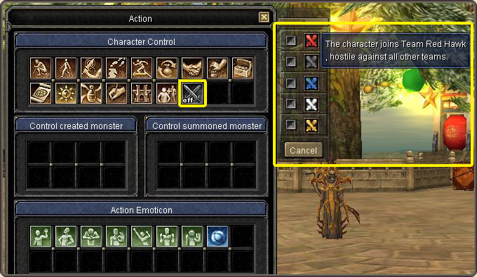The Free PvP Status window: team selection and entering the mode