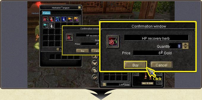 The confirmation window: item name, quantity and price with Buy / Cancel