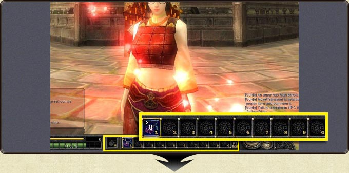 The quick slot row: slots numbered 1-0 plus the additional buttons