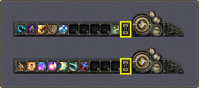 The F1 and F2 pages: each page keeps its own item/skill layout