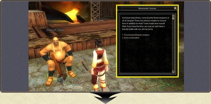 Talking to Blacksmith Chulsan: the purchase/sell/repair weapon option