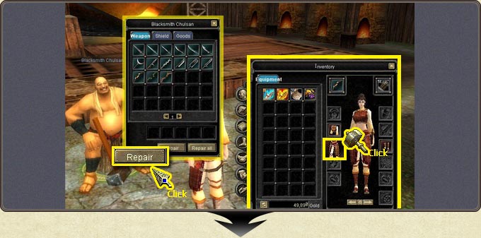 Selecting an item in the inventory and repairing it with Repair