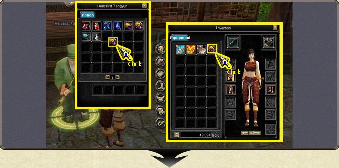 Selecting an item from the inventory and dropping it into the NPC window