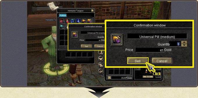 The sell confirmation window: item name, quantity and price with Sell / Cancel