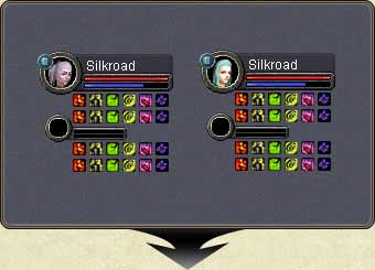 The party list: member portraits, HP/MP and active buffs