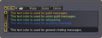 Chat tabs (All / Party / Guild / Union) and the official color codes