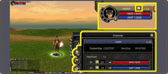 The character window (C): Current/Next Exp, the Stat Point pool and the STR/INT allocation buttons