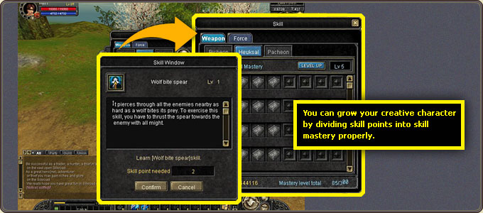The learn-skill window: description, required skill points and Confirm/Cancel