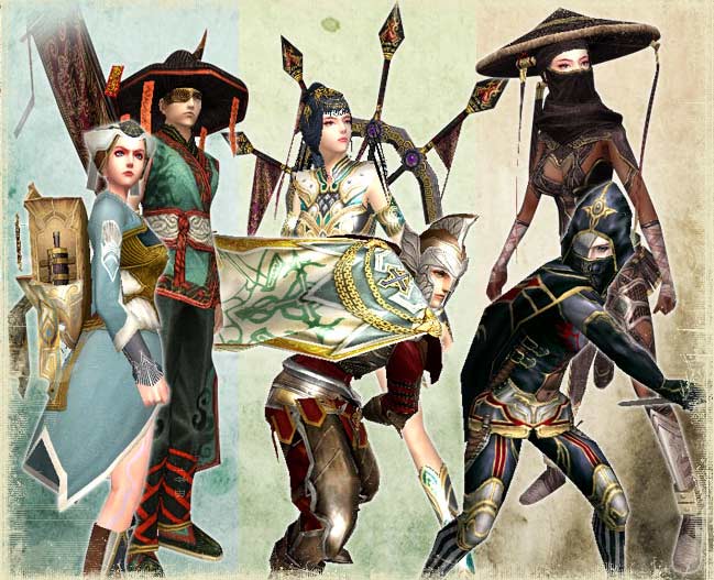 Official artwork: the three jobs in their merchant, hunter and thief outfits