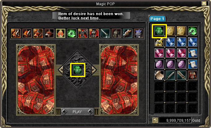 A losing attempt: the “Item of desire has not been won” message and the green coupon