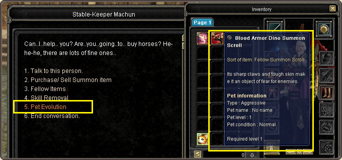 The Stable-Keeper menu (Purchase/Sell Summon item, Fellow Items, Skill Removal, Pet Evolution) and a Fellow Summon Scroll tooltip