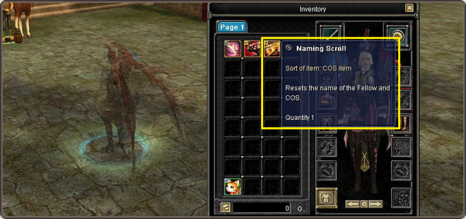The Naming Scroll tooltip: “Resets the name of the Fellow and COS”
