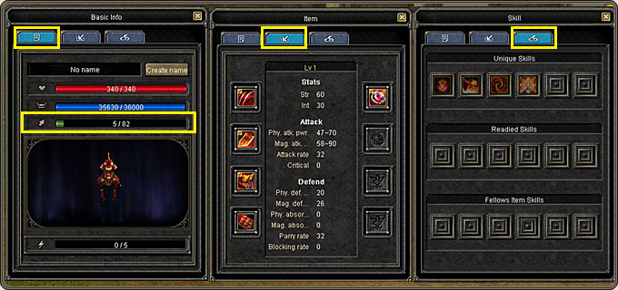 The fellow window: Basic Info (HP/MP/hunger), Item (Lv 1 — Str 60, Int 30, attack and defense) and Skill tabs