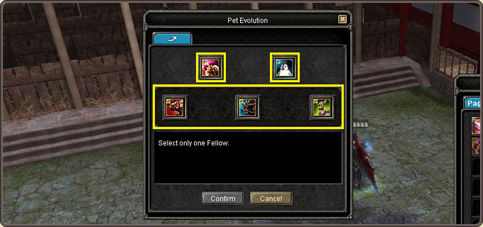 The Pet Evolution window: “Select only one Fellow”