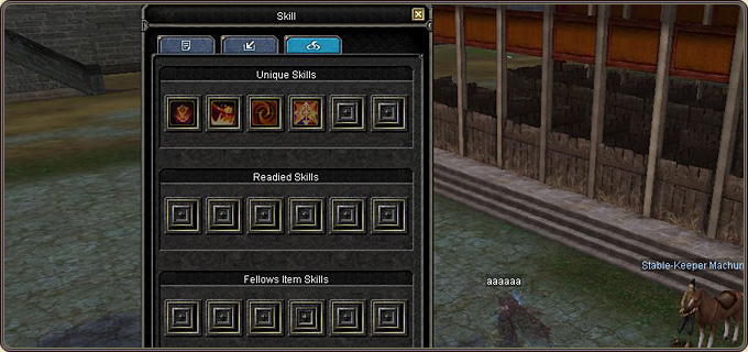 The Skill window: the Unique Skills, Readied Skills and Fellows Item Skills sections