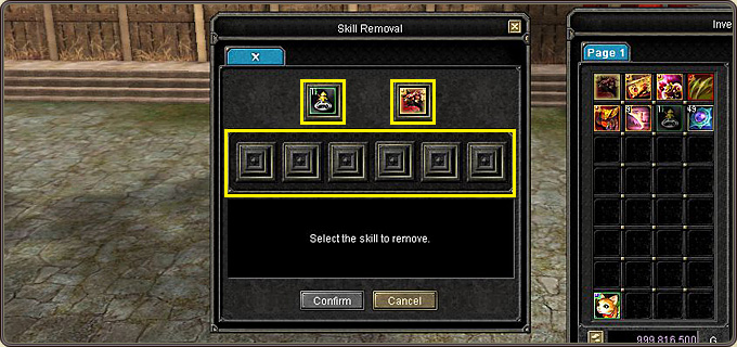 The Skill Removal window: “Select the skill to remove”