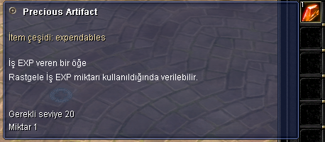 The Precious Artifact: grants a random amount of job experience when used, and requires level 20